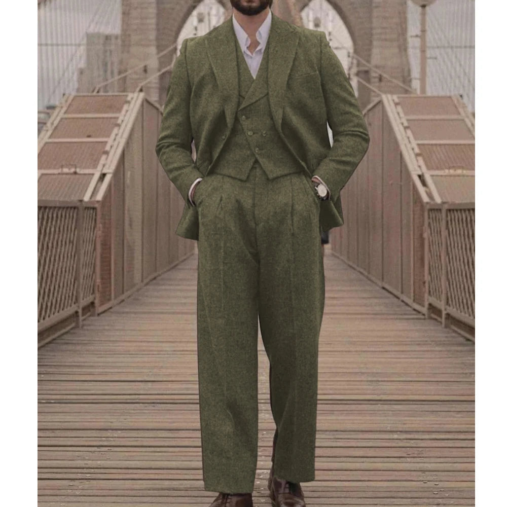 Voguable  Italian Vintage Wool Bblend Men's suit 3pc Set Suit Jacket Vest Pants High Quality Men's Wool Suit Set Sports Casual Suit Coat voguable