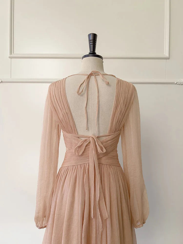 Embroidered Flares Lace-up Women's Backless Dress Solid Color V-Neck Lantern Sleeve 2025 Spring New Dresses Female voguable