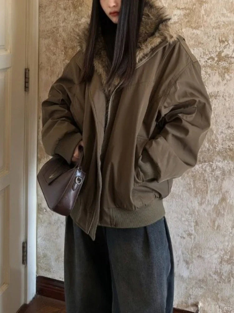 Voguable  Y2k Winter New Elegant Fur Colloar Loose Coat Women Warm Hoodies Thicken Fashion Parkas Casual Outerwear Cotton Padded Jackets voguable