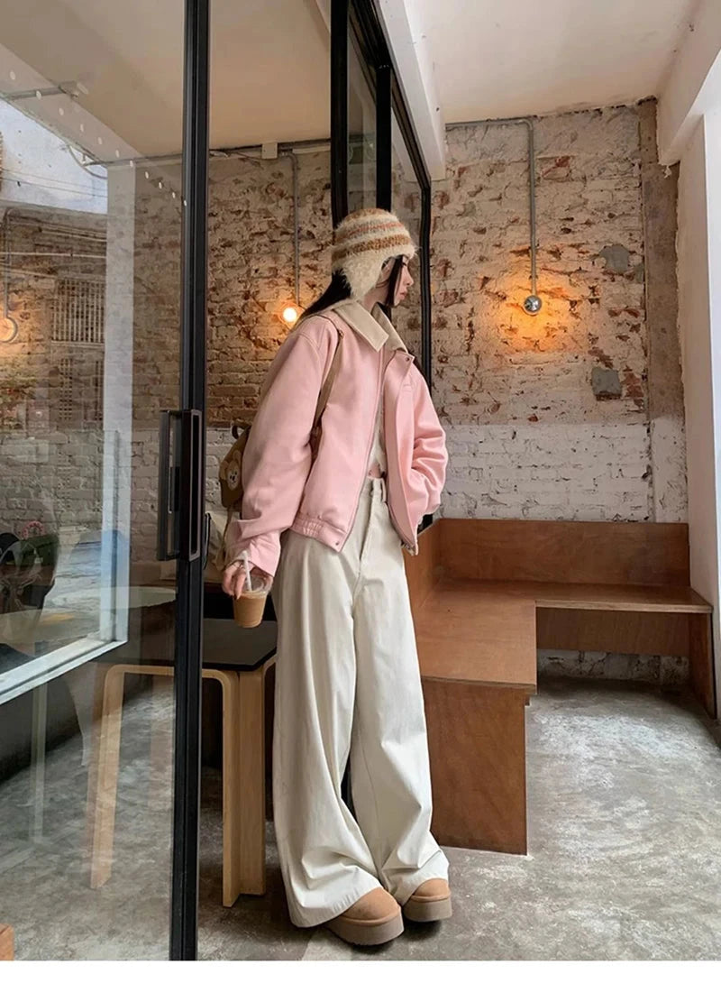 Pink Faux Suede Jacket Women Sweet Long Sleeve Vintage Streetwear Baseball Coat Fall Casual Retro American Y2K Lady Outwear voguable