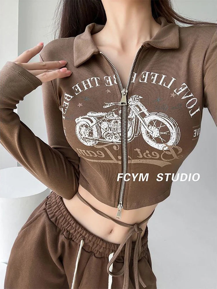 Voguable  Streetwear Sexy Crop Moto T Shirts Women Vintage Slim Back Lace Up Tops American Harajuku Letter Double Zipper Spring Tees voguable