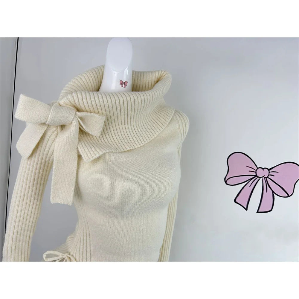 Voguable Autumn Winter Woman Kawaii Sweet 2 Piece Set Off Shoulder Bow Knitted Tops + Mini Cake Skirt Female Korean Fashion Casual Suits voguable