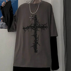 T-shirt Cross of Thorns fake two-piece for men women long-sleeved dark hip-hop loose large size autumn new trend top Simplicity voguable