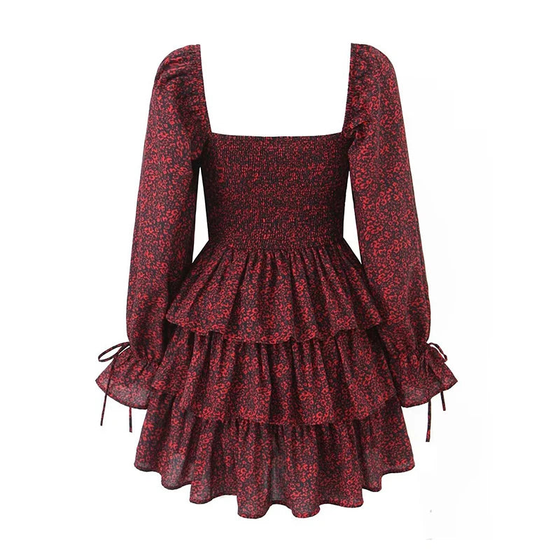 Voguable  2024 Women Front Lacing Up Wine Red Floral Print Dress Vintage Puff Sleeve Layered Ruffle Hem Cake Mini Dress Holiday voguable