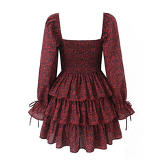 Voguable  2024 Women Front Lacing Up Wine Red Floral Print Dress Vintage Puff Sleeve Layered Ruffle Hem Cake Mini Dress Holiday voguable