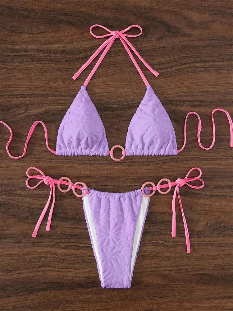 Voguable Sexy Triangle Bikini Women White Contrast Ring Linked Criss Cross Micro Swimsuit 2024 Beach Bathing Suit Tie Side Thong Swimwear voguable