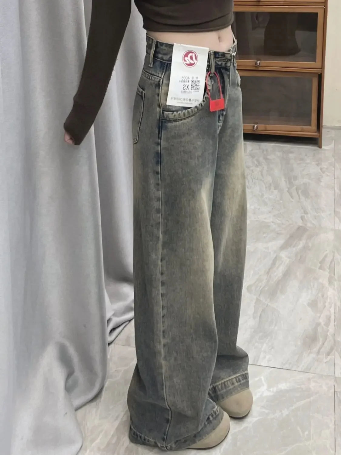 Vintage Distressed Wide-leg Jeans Women's Spring Summer New Loose-fit Slimming Draped Versatile Trailing Straight-leg Trousers voguable