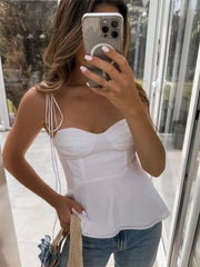 White Smocked Strappy Camisole Women's Sexy Sleeveless Ruffle Slim Bra Solid Color Streetwear Y2k Women's Tops Camisole voguable