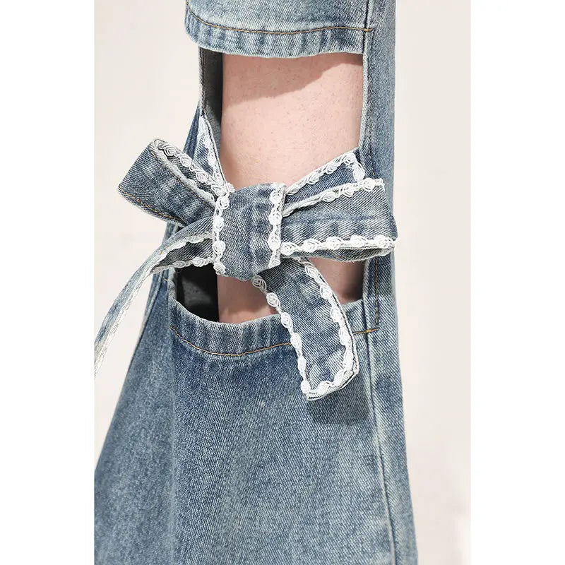 Voguable  High Street Hollow Strap Bow Jeans Women's Spring Summer New High Waist Slimming Spice Girls Denim Wide Leg Horn Pants voguable
