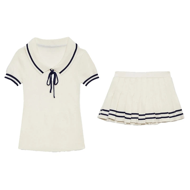 Academic Style Pleat Skirt+Lapel Short Sleeve Tee 2 Piece Set Women Outfits Fashion Skirt Tight Knit T-shirts Summer Suit voguable