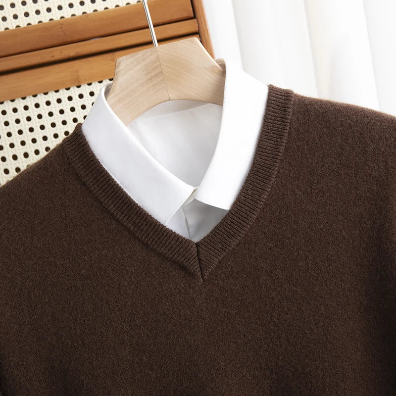 Men 100% Merino Wool Sweater V-Neck Pullover Autumn Winter Cashmere Warm Solid Knitwear Clothes Business Bottoming Soft Tops voguable