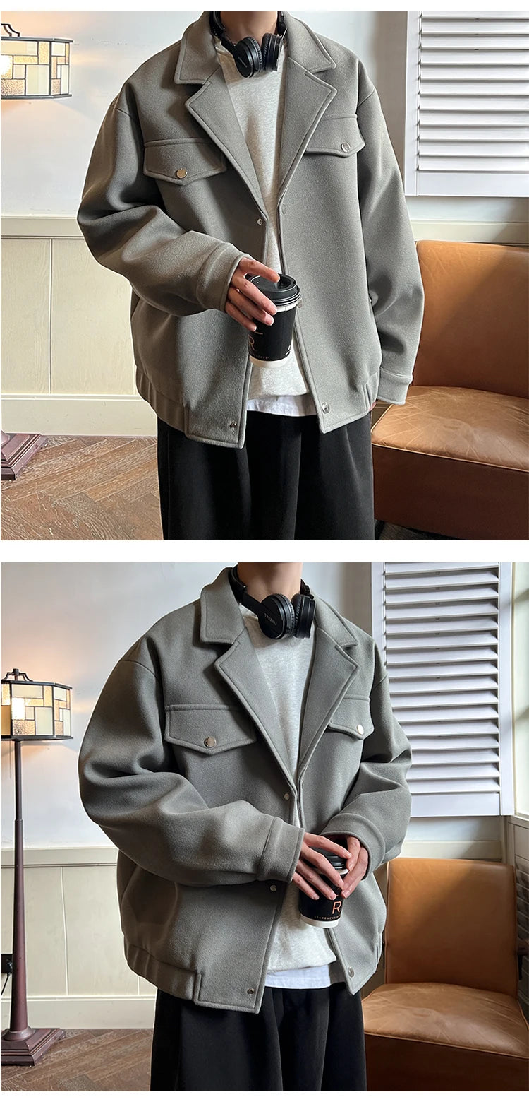 Winter Short Woolen Coat Men Warm Fashion Casual Thick Woolen Jacket Men Korean Loose Thicken Woolen Coat Mens Black Overcoat voguable