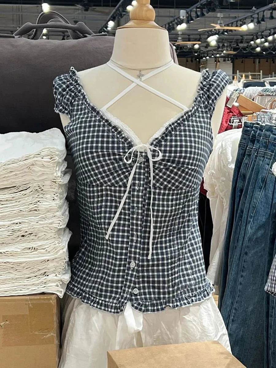 Ruffles White Basic Blouse Top for Woman Summer Folds Single Breasted Sleeveless Tank Tops Casual Cotton Vest Y2k Sweet Camisole voguable