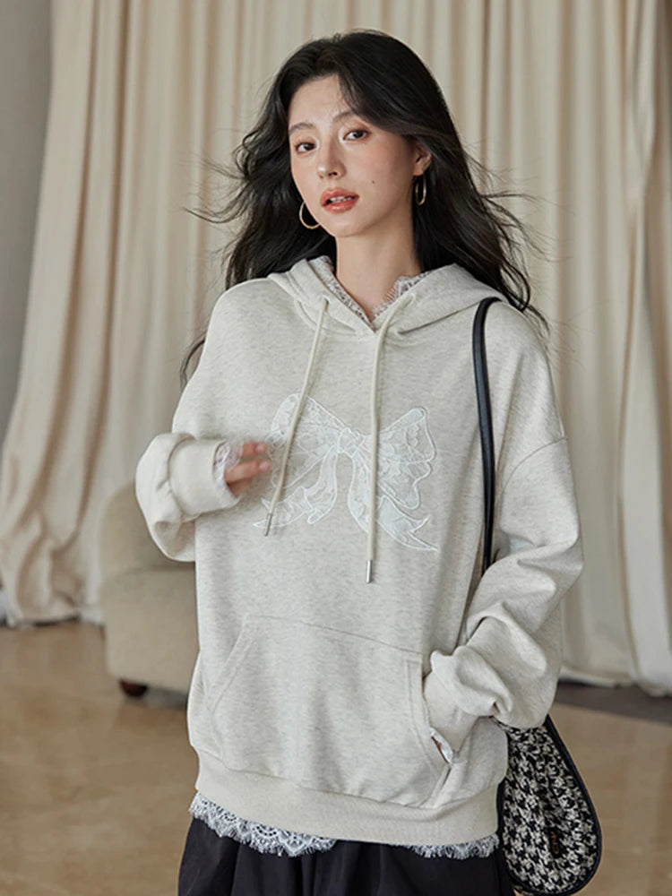 Lace Patchwork Cute Hoodies Women Loose Long Sleeve Bow Print Vintage Pullover Korean Casual Female Preppy Style Sweet Tops voguable