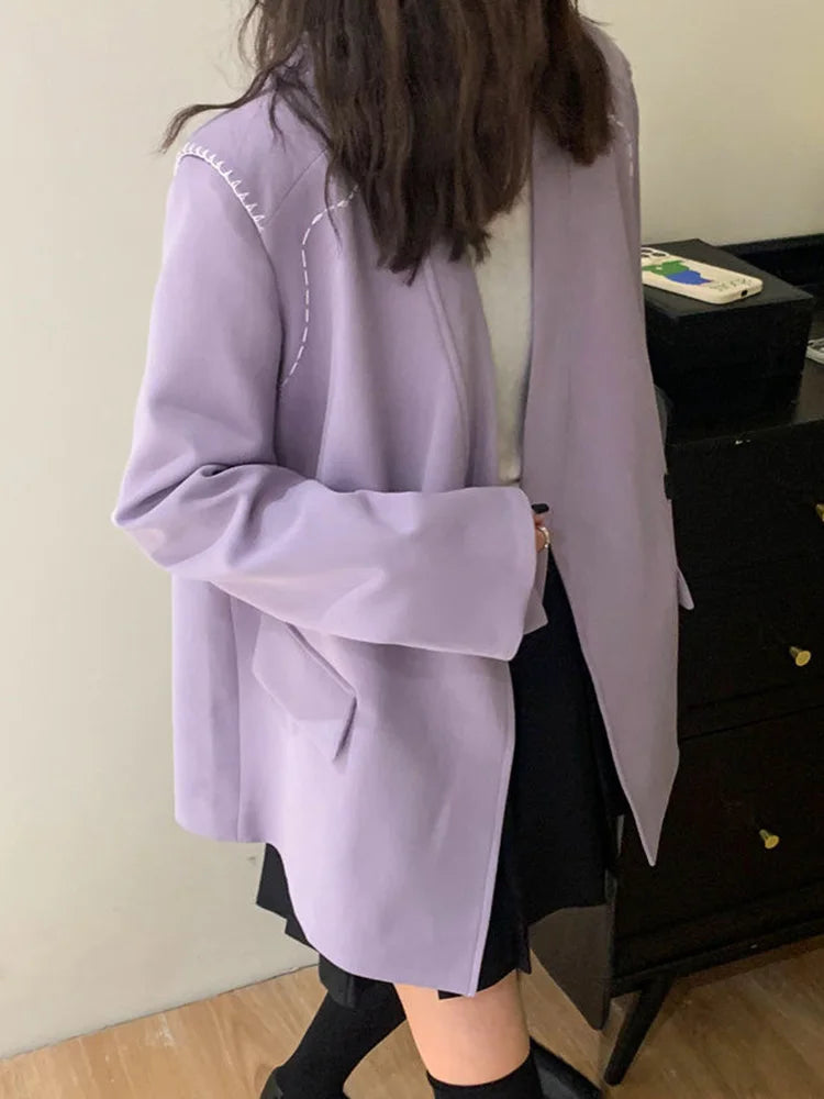 Streetwear Loose Purple Blazer Women Long Sleeve Casual Oversize Suit Coats Fashion Fall New Korean Female Design V Neck Outwear voguable
