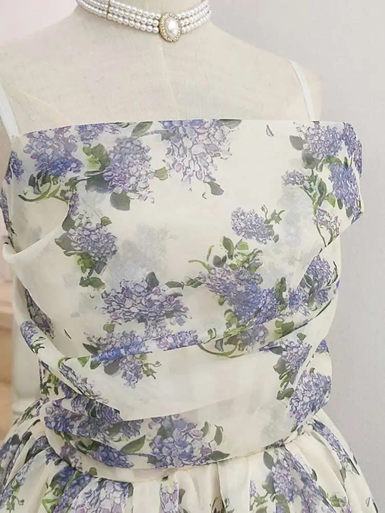 Vintage Printing A-line Folds Sling Dresses For Women Summer New High Waist Backless Pleated Long Dress voguable