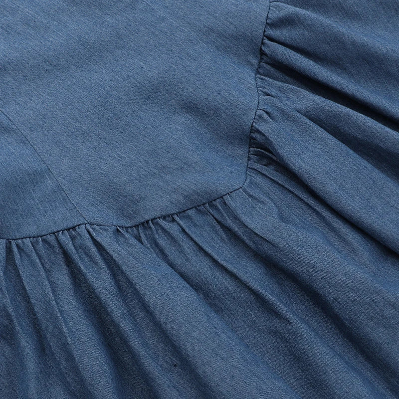 Voguable  Spaghetti Strap Imitation Jeans Sleeveless Female Vestido Low Waist Slash Neck New Fashion Femme A-line Pleated Sexy Dresses voguable