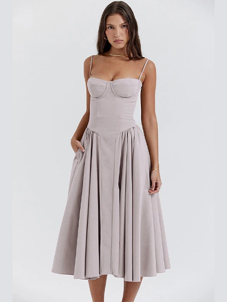 Sexy Solid Pleated Hem Sling Dress Women Fashion Midi Sleeveless Backless Dresses Female 2024 Summer Party Evening A-line Robes voguable