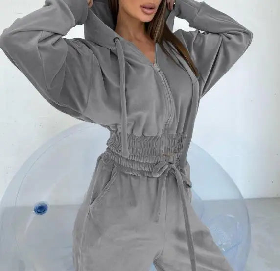 Voguable  Autumn/Winter New Women's Fashion Solid Color Hooded Casual Zipper Sports Suede Jacket Pants Set Women's Wear voguable