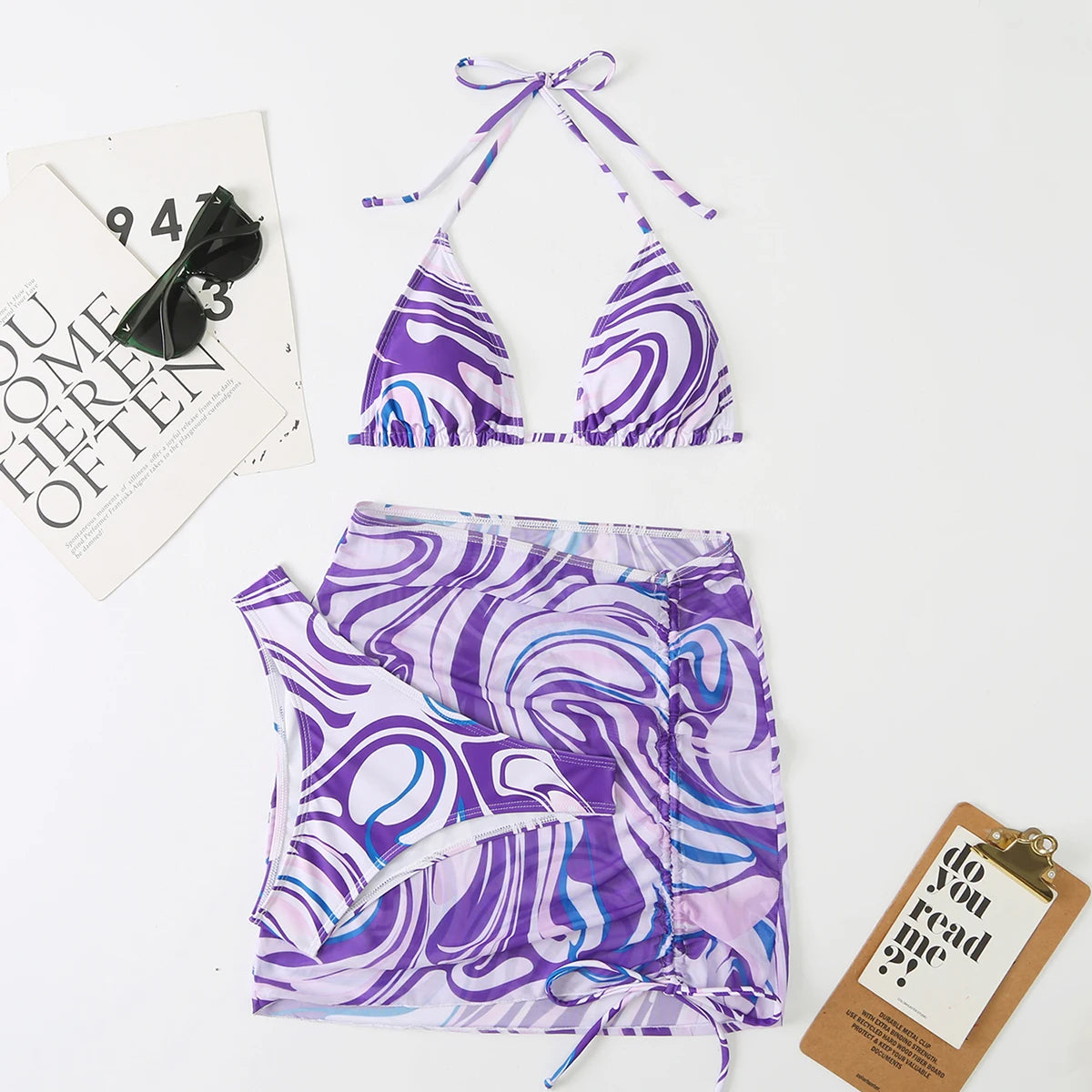 Voguable  3 Pieces Bikini Set With Skirt  Tie Dye String Thong Bathing Suit Women Swimsuit Female  Swimwear Beach Wear Swim Lady Summer voguable