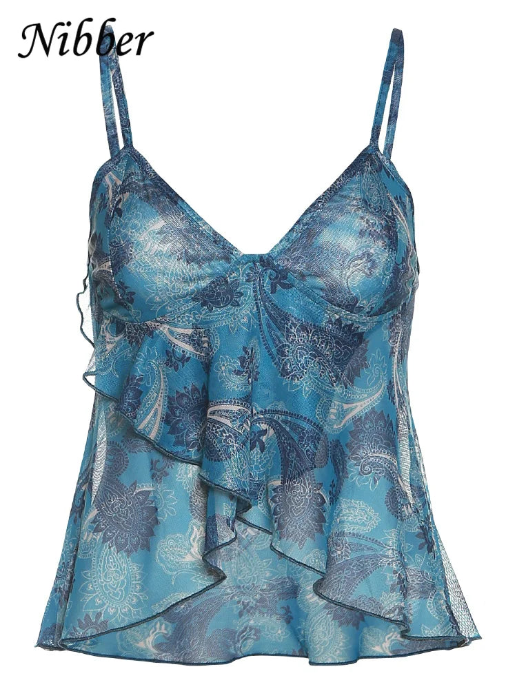 Nibber Mesh See Through Printed Vest Women Sexy Casual V-neck Sleeveless Suspender Camisole Patchwork Tank Top Streetwear voguable