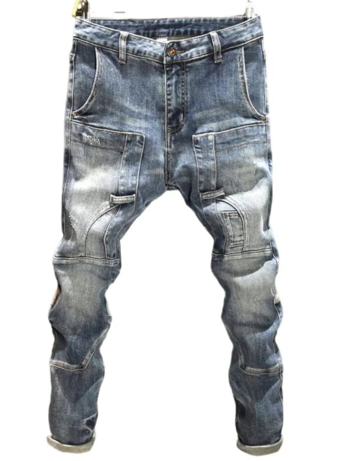 Voguable  Fashionable Workwear Jeans Men's Slim Fit High Street Trend Patchwork Long Pants New Arrival Youth Casual High Waist voguable