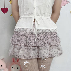 Voguable  Kawaii Floral Print Lace Stitching A-line Skirt Pink Low Waist Chiffon Skirts Y2K Coquette Lolita Skirts Soft Girls voguable