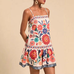 Voguable  European and American - women's clothing print Bohemian elegant suspender vacation style casual loose dress voguable