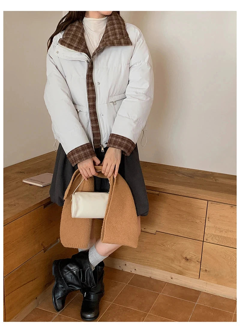 Winter Retro Puffy Parkas Women Warm Thick Plaid Patchwork Cute Coat Casual Preppy Style Korean Long Sleeve Cotton Jackets voguable