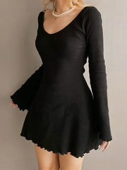 Voguable Elegant Solid Knitted Dresses Fashion Women Black Bodycon Autumn Winter Long Sleeve Mini Dress Retro voguable