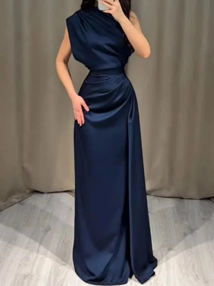 Voguable  Elegant High Waist Pleated Maxi Dress for Women Sleeveless Straight Satin LongCrew Neck Party Gown Solid Color Spring Summer voguable
