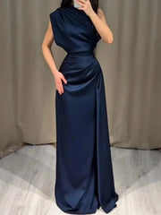 Voguable  Elegant High Waist Pleated Maxi Dress for Women Sleeveless Straight Satin LongCrew Neck Party Gown Solid Color Spring Summer voguable