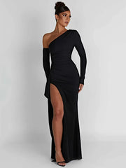 Oblique Shoulder Thigh High Split Maxi Dress Women Long Sleeve Backless Bodycon Sexy Club Party Long Dress Vestidos voguable