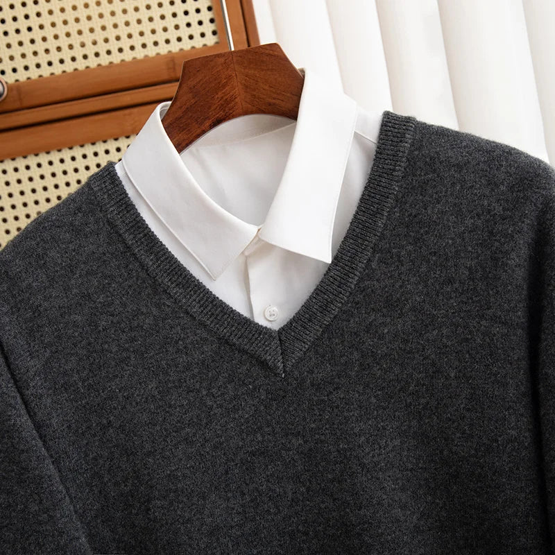 Men 100% Merino Wool Sweater V-Neck Pullover Autumn Winter Cashmere Warm Solid Knitwear Clothes Business Bottoming Soft Tops voguable