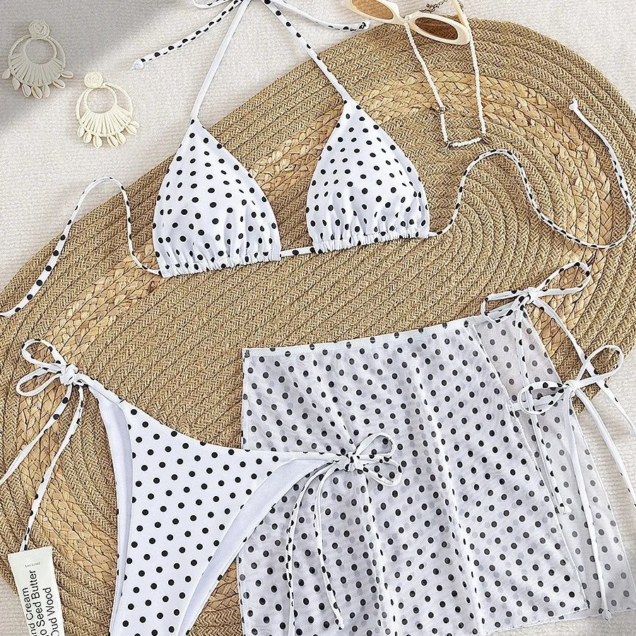 Voguable  Women Mini Polka Dot 3 Piece Bikini Set Halter Triangle Top Side Tie Brief O-Ring Drawstring Wrap Mini Skirt Beach Swimwear voguable