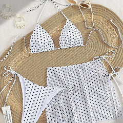 Voguable  Women Mini Polka Dot 3 Piece Bikini Set Halter Triangle Top Side Tie Brief O-Ring Drawstring Wrap Mini Skirt Beach Swimwear voguable