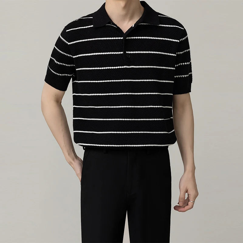 Men's Clothing Light Luxury Business Striped Polo Shirt Casual Slim-fit Knitted Short Sleeve T-shirt High Quality Patchwork Tops voguable