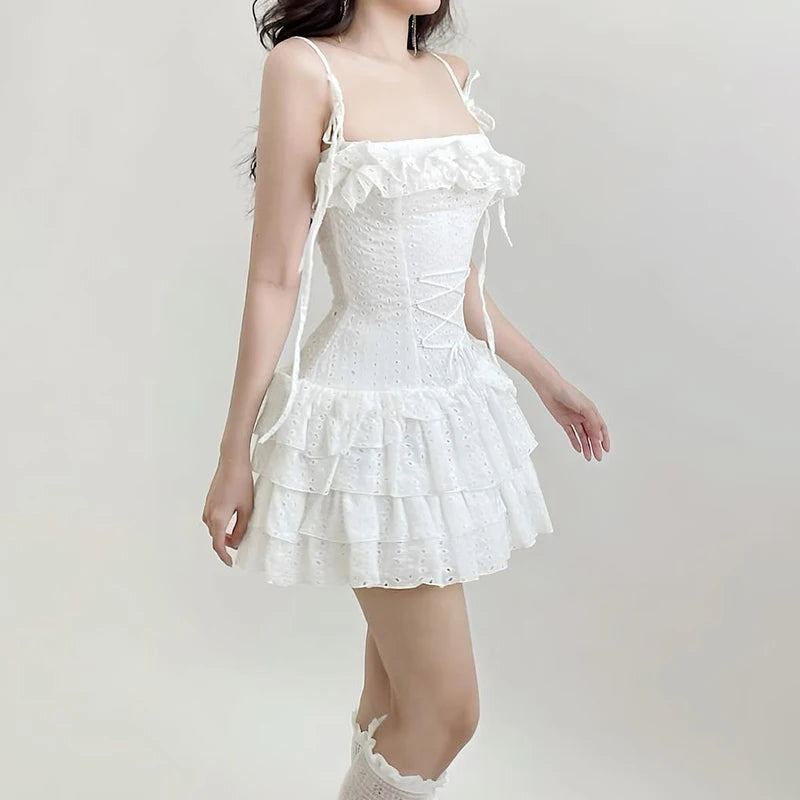 Voguable French Jacquard A-line Tiered Mini Dress Women Coquette Chic Ruffle Spaghetti Straps Layered Sundress Holiday Party voguable