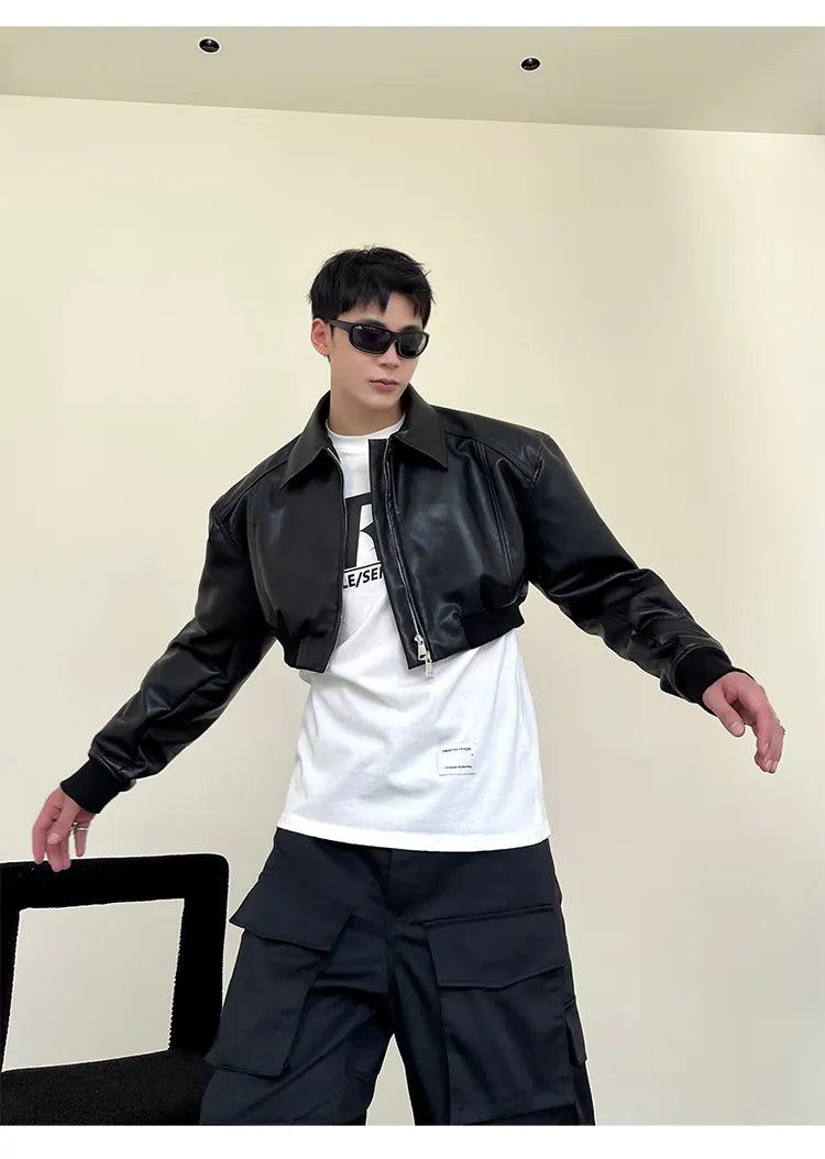 Spring Autumn Cropped Pu Leather Jacket Men Long Sleeve Zipper Luxury Designer Clothes Runway European Fashion voguable