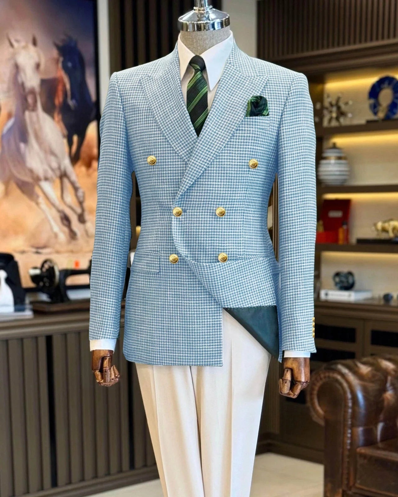 Voguable  Black Men's Suit Jacket Houndstooth Peak Lapel Double Breasted Business Regular Fit Blazer Man plus size voguable