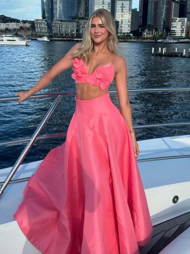 3D Flower Vest + A-line Long Skirt Women Suit  New Vacation Beach Women's Two Pieces Set Tank High Waist Skirt Summer Outfits voguable