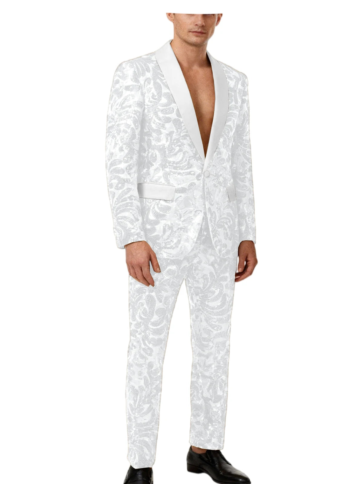 Voguable  Luxury Men's Sequin 2 Piece Set (Blazer+Pants) Shawl Collar 1 Button Slim Fit Sparkly Tuxedos Jacket Trousers for Wedding Party voguable