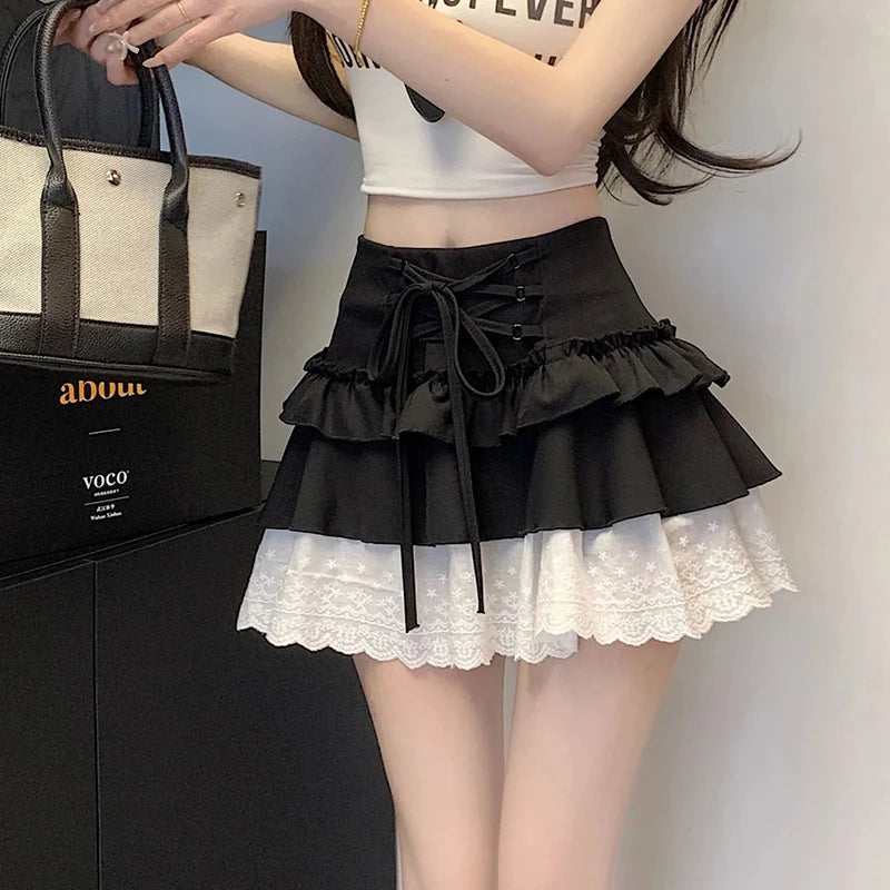 Sweet Lace Up Mini Skirt Women Y2K Summer Lace Patchwork A-Line Skirts High Waist Kawaii Lolita Preppy All Match Tutu Skirts voguable