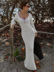White Knit Fashion Cover up Maxi Dress Female See-Through V-Neck Hollow Out Beach Holiday Dress Knitwear Backless Dress voguable