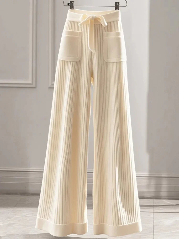 Elegant Sweet Knitted Pants Women Loose Fashion Pockets High Waist Trousers Casual Lady Fall Winter Lace Up Chic Wide Leg Pant voguable