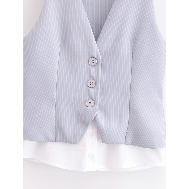 Women Patchwork Striped Temperament Vest Front Button V Neck Sleeveless Waistcoat Spring Summer Chic Tops voguable