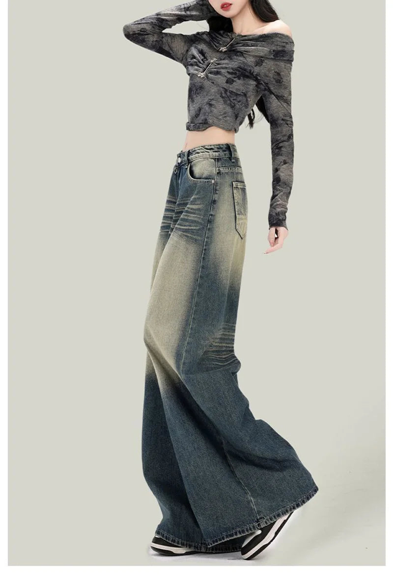 Women Streetwear Retro Jeans Loose High Waist Y2K Denim Pants Casual American Harajuku Fall Female Pockets Wide Leg Trousers New voguable