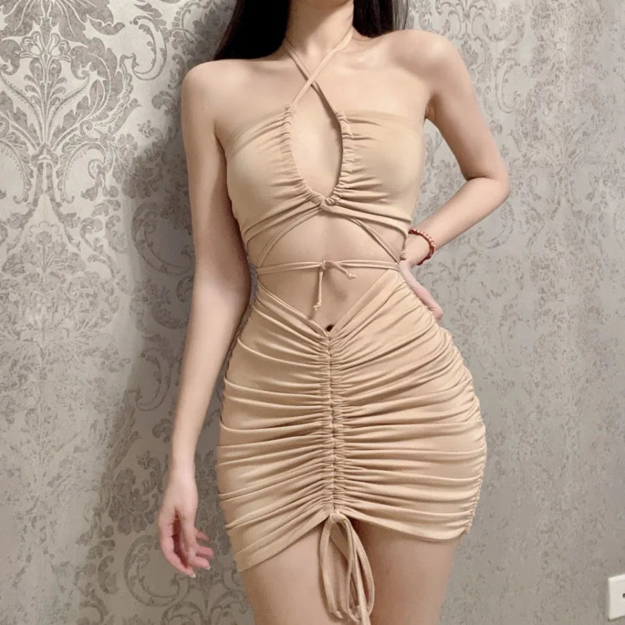 Voguable  European and American hot girl style wear hanging neck sling reveal back sexy tight folding bags dress nightclub dre voguable