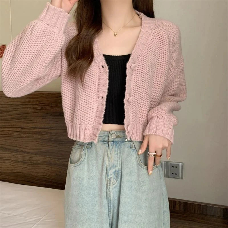 Sexy Cropped Sweet Cardigan Women V Neck Vintage Slim Long Sleeve Knitted Sweaters Korean Causal Simple Solid Lady Fall Tops New voguable