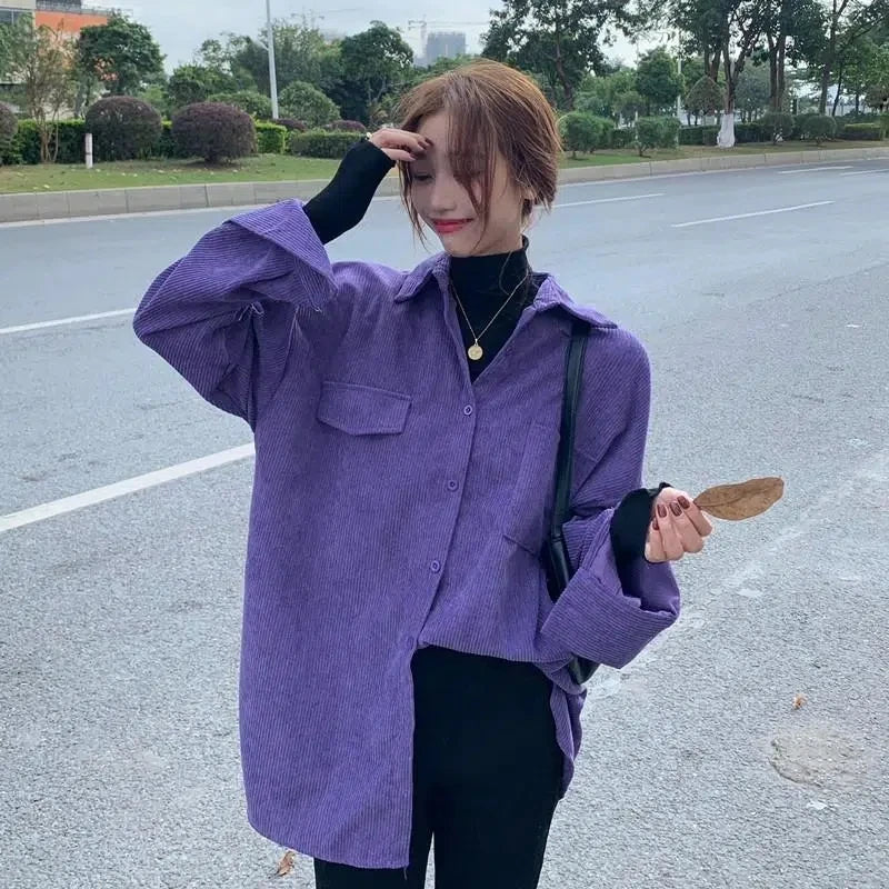 Voguable  Bf Women Corduroy Shirt Long Sleeve Spring Purple Loose Single Breasted Korean Ladies Turn Down Collar Shirt Coat voguable
